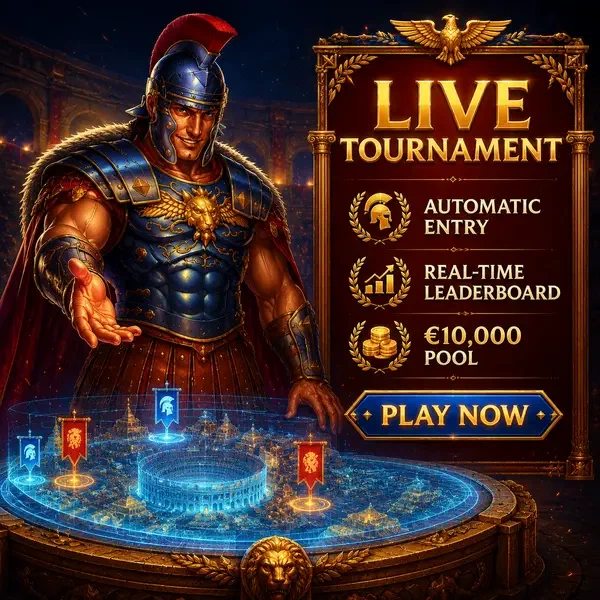 Roman commander Maximus orchestrating live casino tournament with €10,000 prize pool leaderboard