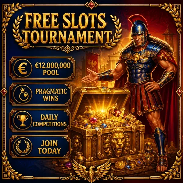 Maximus gestures toward massive free slots tournament chest at Roman Casino