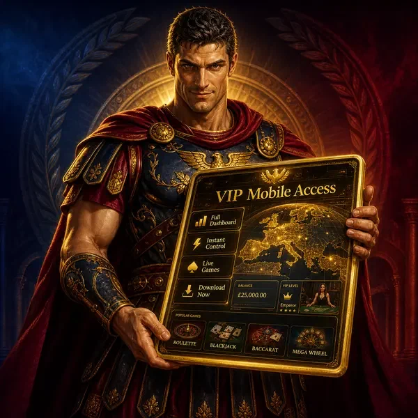 Maximus commanding Roman Casino Mobile App dashboard with VIP access glowing on golden tablet