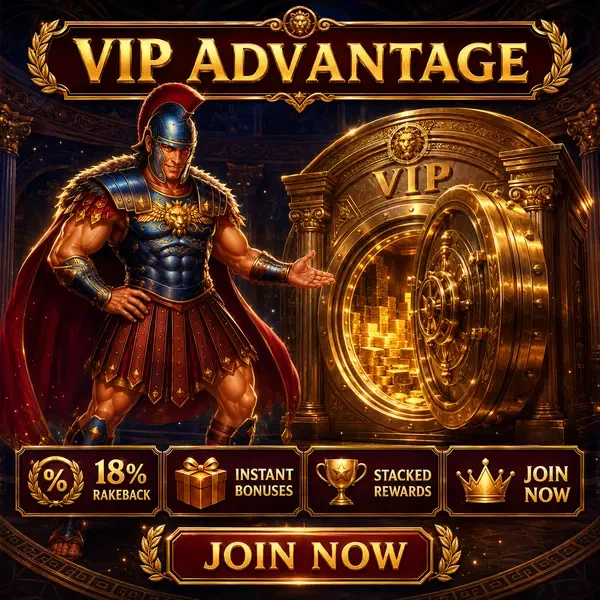 Maximus gestures toward VIP Rakeback vault offering 18% bonus rewards at Roman Casino