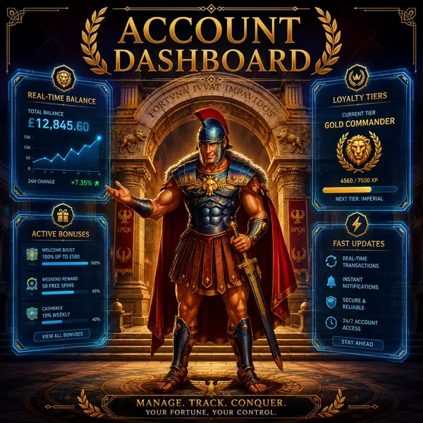 Maximus commanding login portal at Your Roman Casino Account Dashboard with holographic data