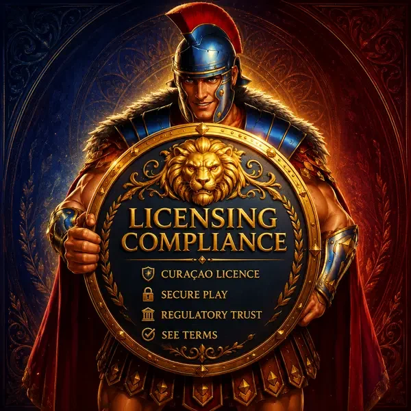 Maximus holding golden shield displaying Roman Casino licensing compliance and regulatory trust