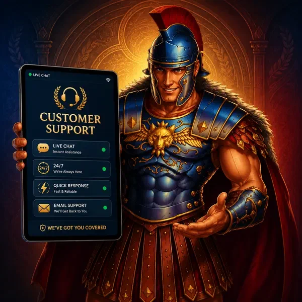Maximus präsentiert Roman Casino Kundensupport auf leuchtendem Tablet mit Live-Chat bereit