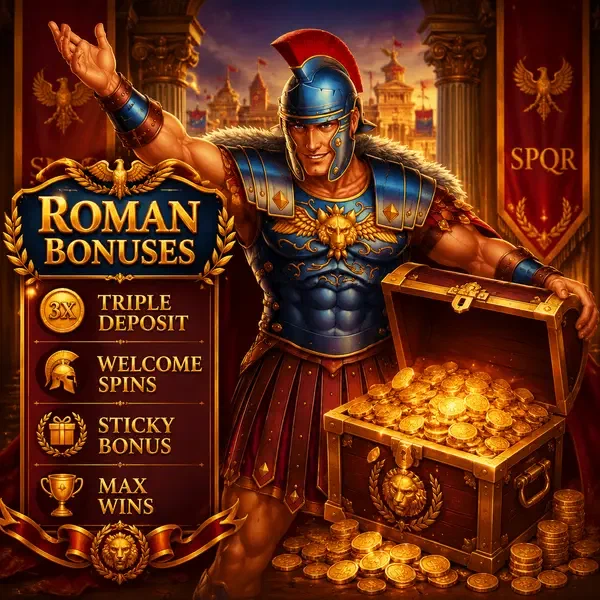 Roman commander holding treasure chest of bonuses at Roman Casino forum
