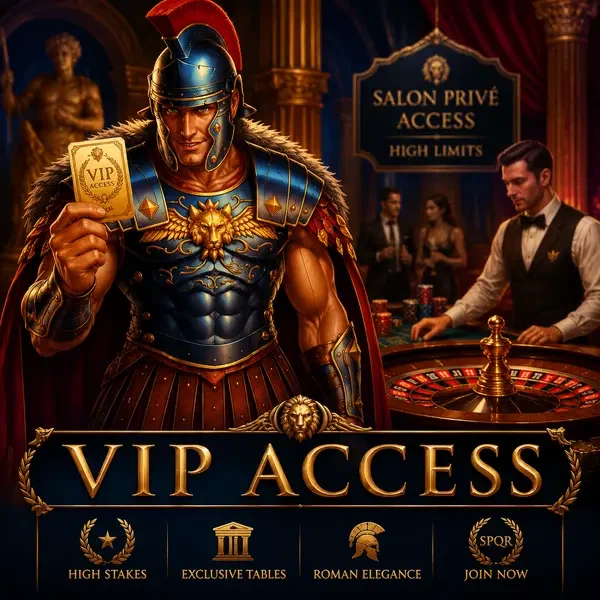 Roman commander Maximus at VIP Live Tables with exclusive access card at elegant casino salon
