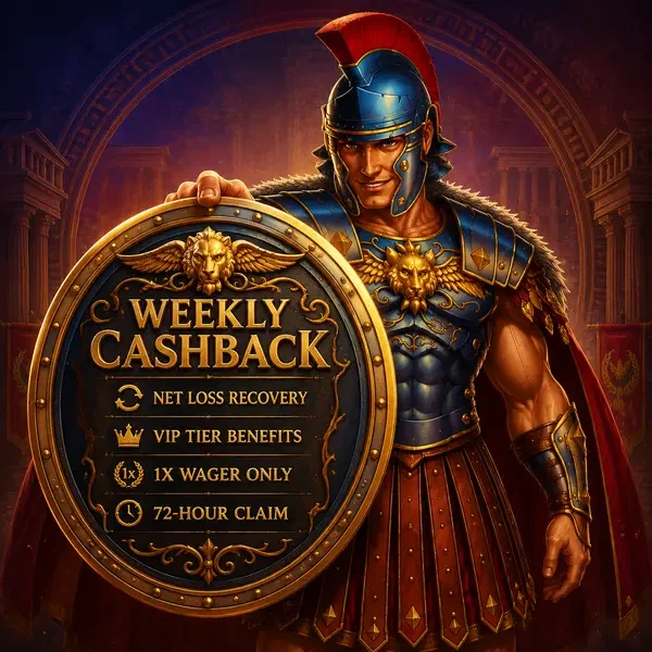 Maximus presents Weekly Cashback Rhythm shield offering bonus protection at roman arena