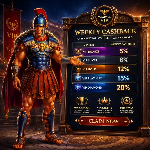 Maximus displays esports betting rewards at Weekly Roman tablet interface