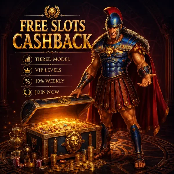 Maximus presenting free slots cashback treasure at Weekly Roman glowing with golden rewards