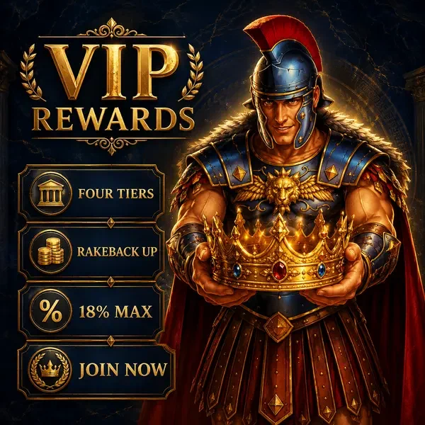 Roman commander Maximus holding VIP rewards crown at Roman Casino loyalty program