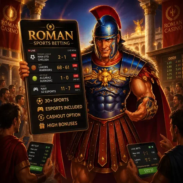 Maximus holds sports betting tablet at Roman Casino Sports Betting arena