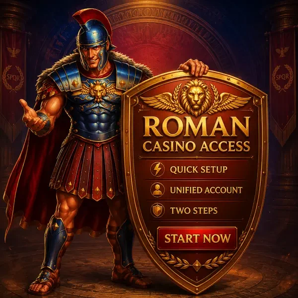 Maximus guards the Roman Casino Login portal with golden shield raised protectively
