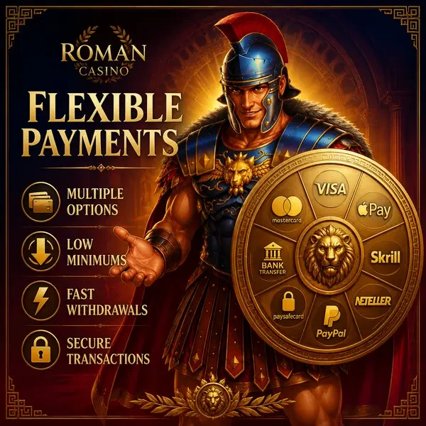 Roman Casino payment shield glowing with secure transaction symbols in golden commander's grip