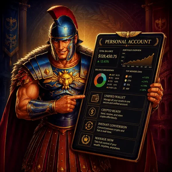 Maximus examining his Roman Casino personal account data on glowing tablet interface